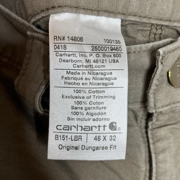 Carhartt Mens Original Dungaree Fit Carpenter Pants Tan Size 46x32 Work - Picture 4 of 7